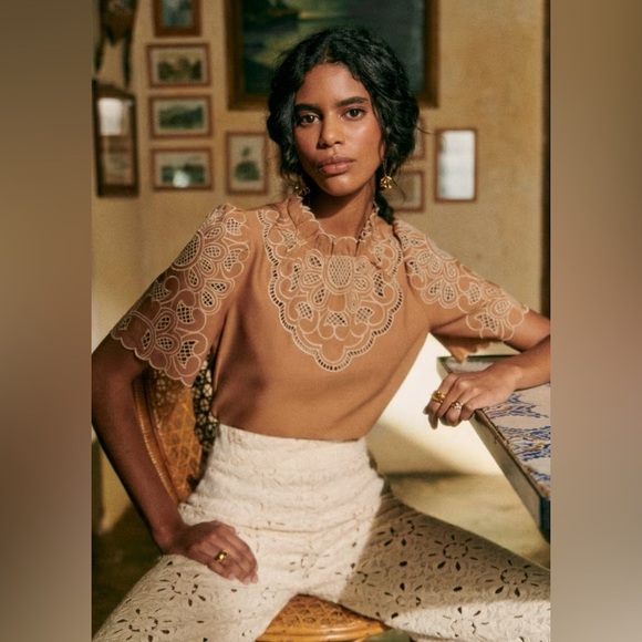 Sezane Women's Louisah Blouse in Camel Embroidered High Neck Linen Blend- Size 2 - Picture 1 of 9